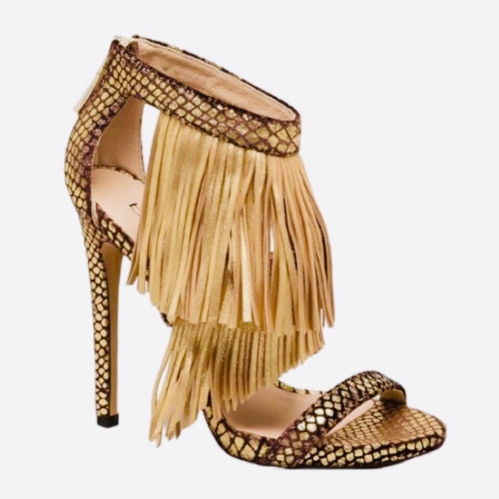 Bebe Salomeh Gold Fringe Python Heels